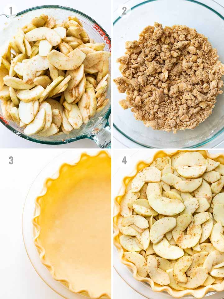 Steps for making apple crumble pie.