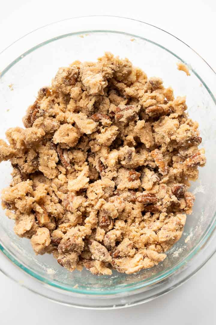 Streusel-pecan mixture in a glass bowl