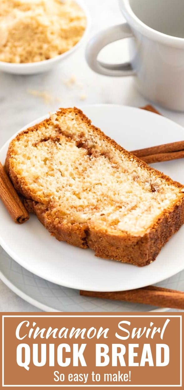 Cinnamon Swirl Bread is so easy to make without yeast and has a delicious cinnamon sugar swirl inside and a crunchy cinnamon sugar crust on top. This moist homemade Cinnamon Bread tastes delicious for breakfast but also makes a great afternoon snack! A quick bread that's perfect for the holidays and keeps fresh for days. #cinnamon #cinnamonswirlbread #cinnamonbread #quickbread #holidaybaking #recipe
