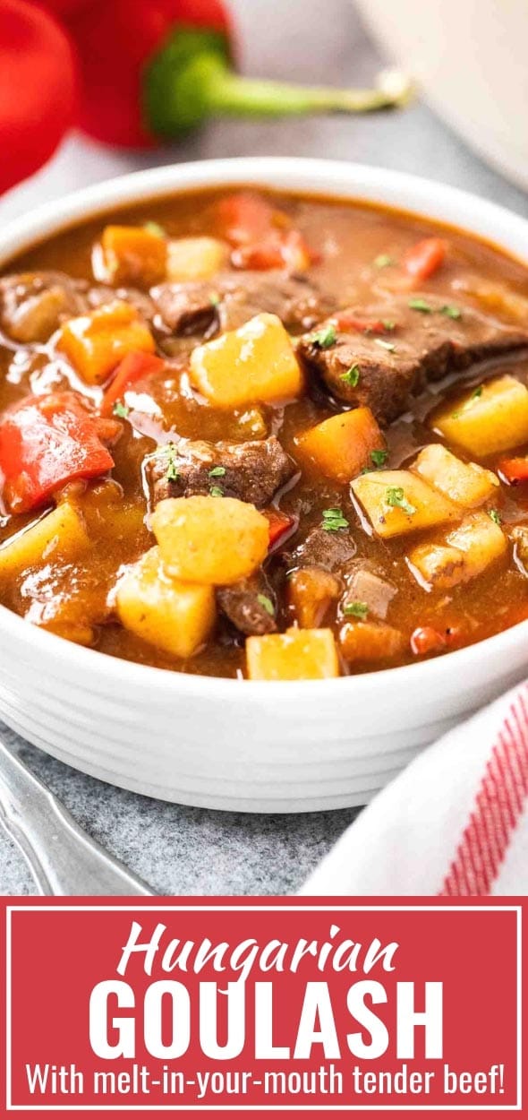 Hungarian goulash is rich, comforting, and so easy to make from scratch! Loaded with melt-in-your-mouth tender beef and flavorful vegetables this slow-cooked beef stew is perfect for cold winter days and also known as German Goulash. Add potatoes and bell peppers or serve over egg noodles for a filling and warming dinner. #HungarianGoulash #GermanGoulash #BeefStew #Comfortfood