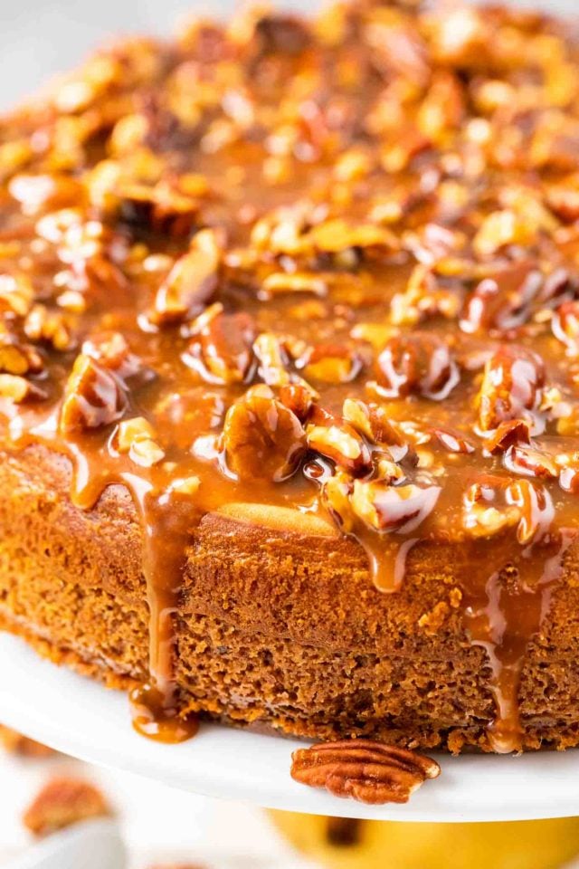 A whole cheesecake topped with pecans and caramel sauce.