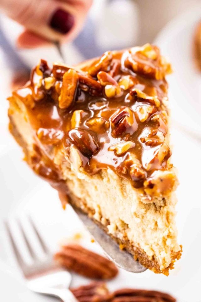 close-up of a slice of cheesecake topped with pecan nuts and caramel sauce held up on a cake server. There is a fork and some whole pecans in the background