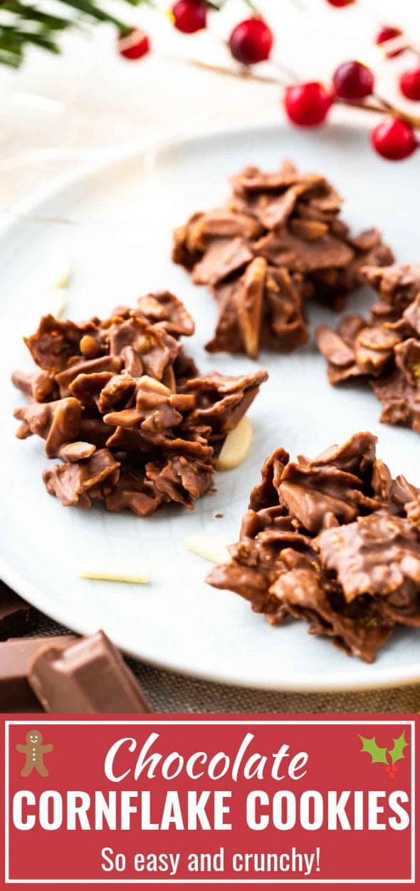 Cornflake Cookies are crunchy, chocolatey and so easy to make! You only need about 20 minutes to make a batch of these no-bake cookies that are a favorite in our house all year round but especially during the Holiday season. They make a delicious movie snack but would also be a perfect edible gift! #cornflakecookies #NoBakeCookies #ChocolateNoBakeCookies