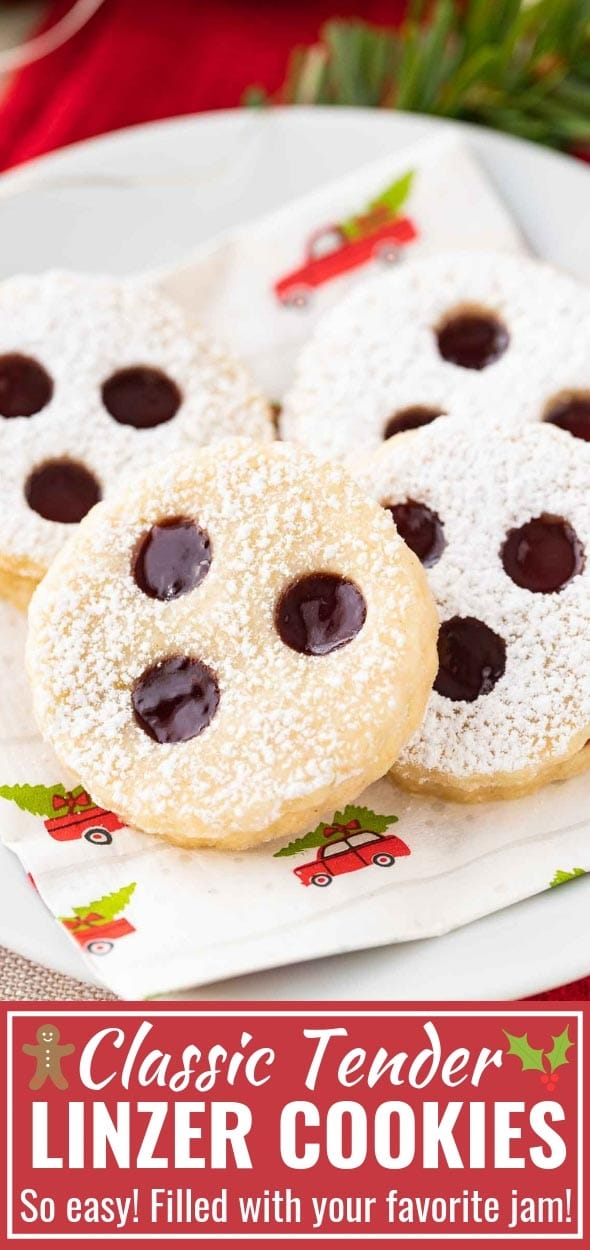 Linzer Cookies are little sandwich cookies filled with jam that are very popular during Christmas time in Germany and Austria! These traditional buttery cookies are so delicious and make a great addition to every cookie platter. #ChristmasCookies #LinzerCookies #SugarCookies