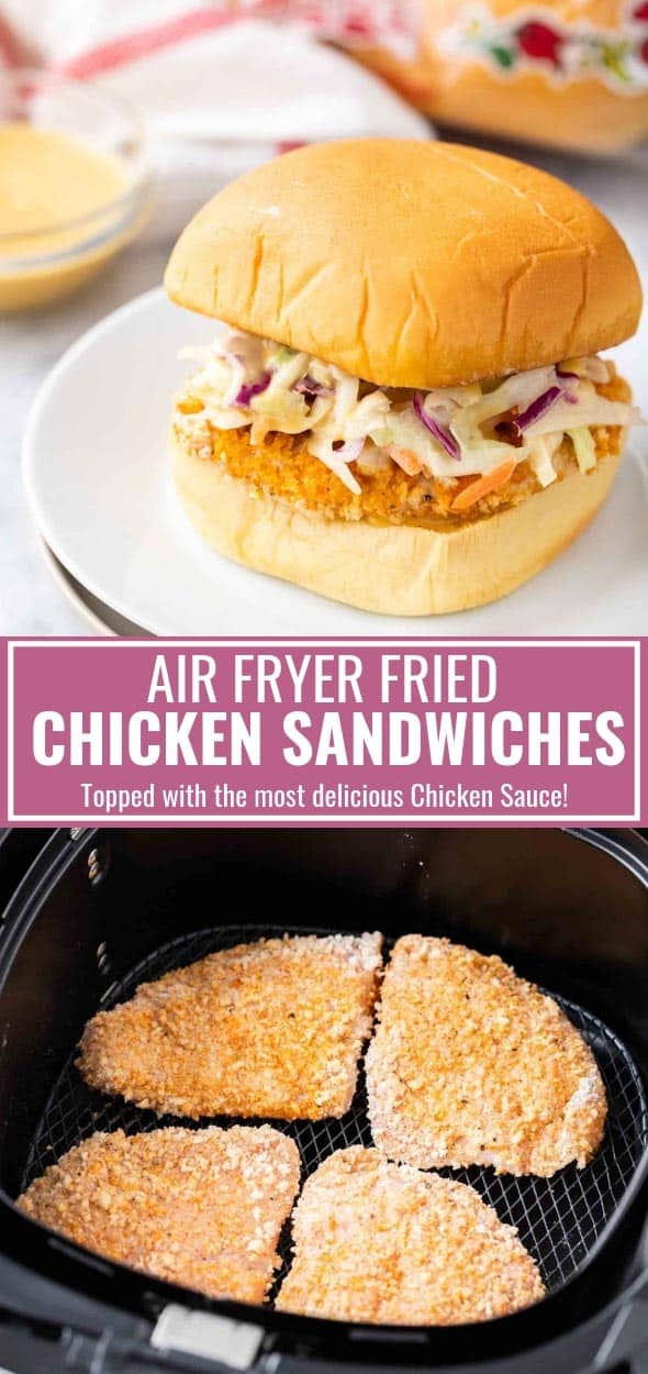 Air Fryer Fried Chicken Sandwiches are topped with the most delicious homemade sauce and crunchy slaw! This easy Air Fryer recipe is perfect for your next game day party and makes enough delicious chicken sandwiches to feed a crowd. #AirFryerRecipes #ChickenSandwiches #sponsored