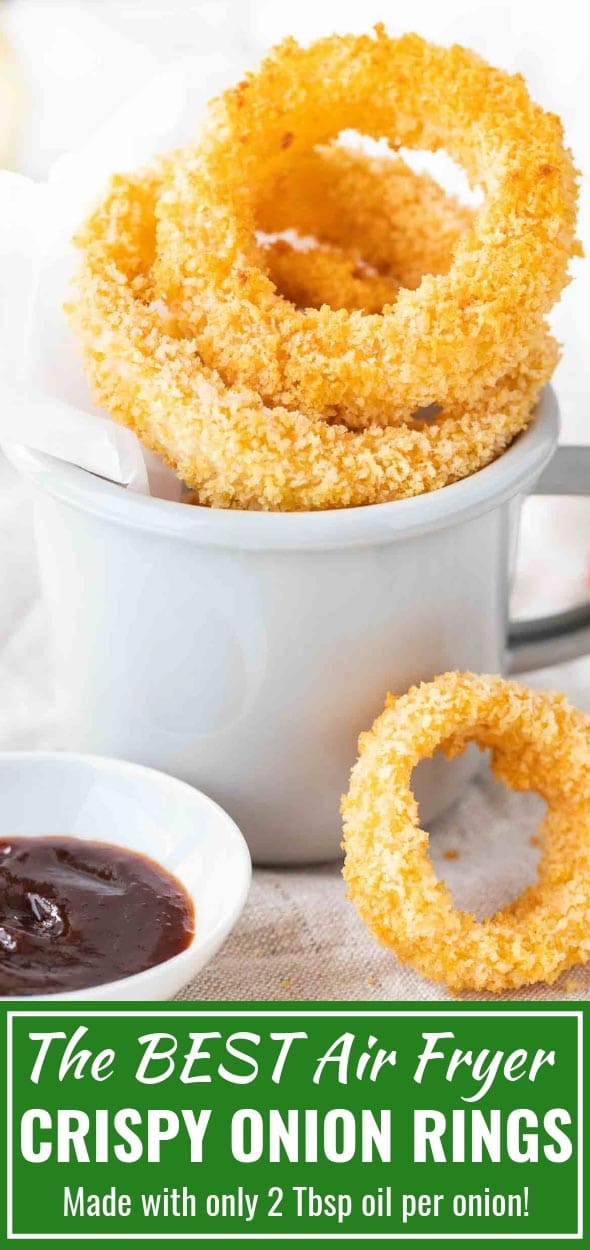 Air Fryer Onion Rings are extra crispy and make a perfect game day snack or party appetizer. Perfectly seasoned, easy to make, and so delicious! Ditch the deep fryer in favor of this quick Air Fryer recipe! #gamedayrecipes #AirFryerRecipes