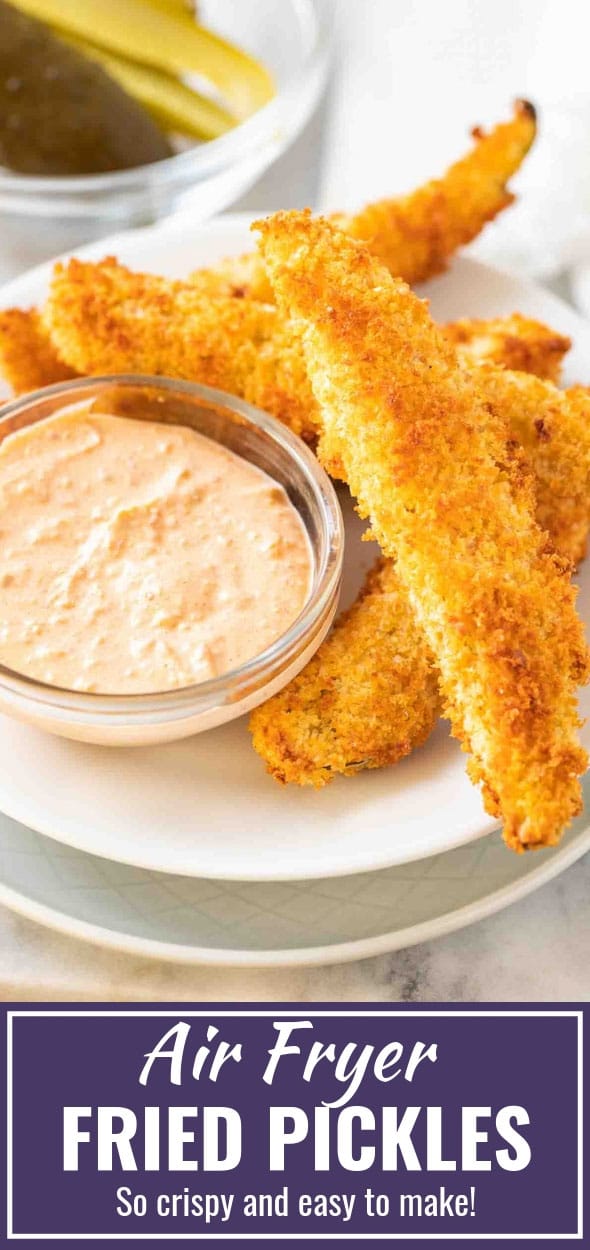 Air Fryer Pickles are super crispy and make a great game day or party snack! Fried Pickles made in the Air Fryer are healthier because they are made with a lot less oil and have a crunchy panko bread crumbs coating that makes them taste even better than the deep fried original. #AirFryerRecipes #FriedPickles