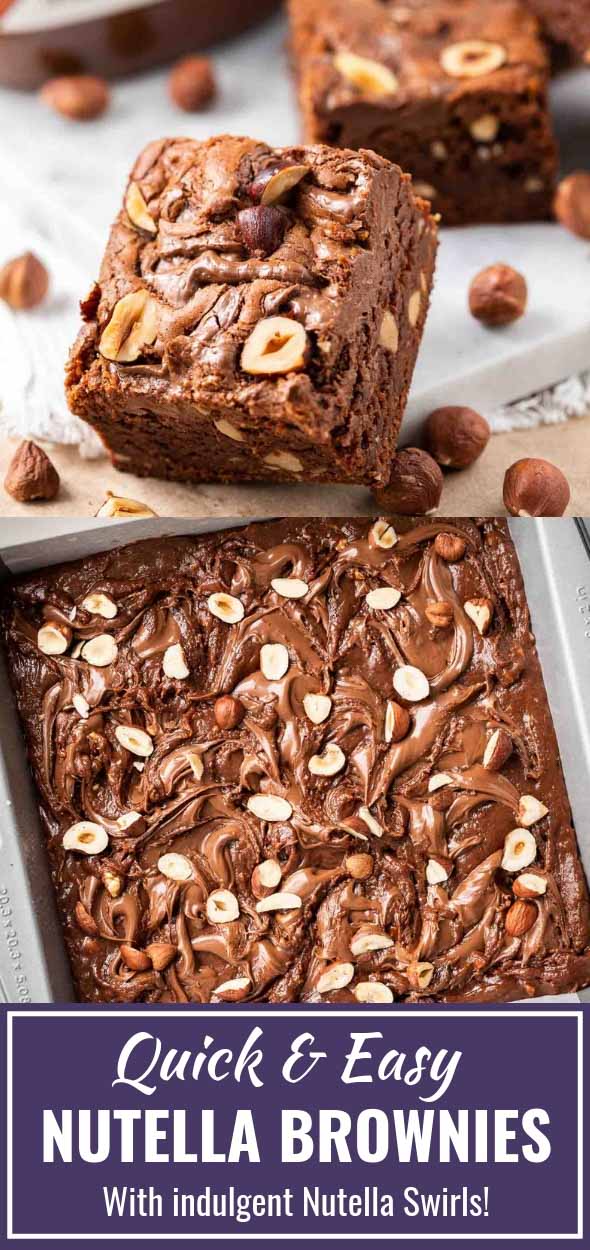 Nutella Brownies are swirled with Nutella and hazelnuts for extra flavor! These loaded brownies are so fudgy and make an indulgent afternoon snack or dessert that is every Nutella lover's dream! #NutellaBrownies #Nutella