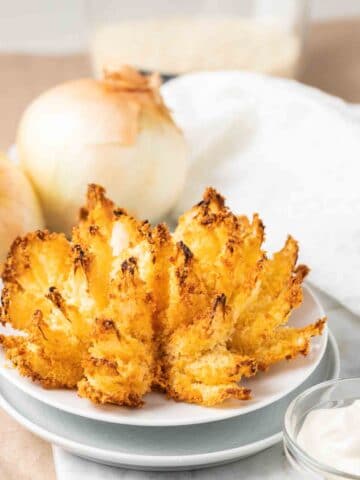 blooming onion on a white plate with onions in the background
