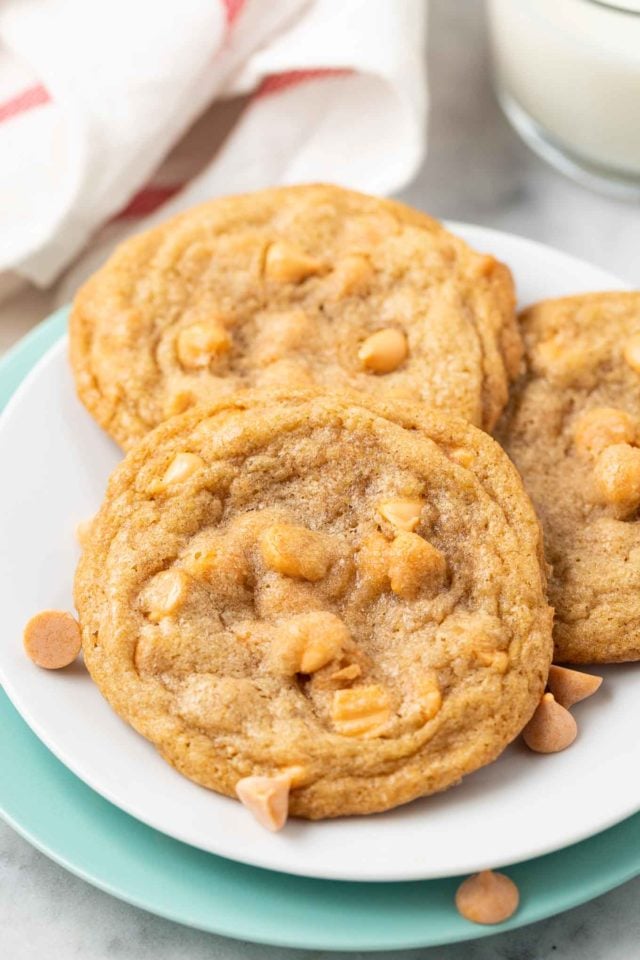 Three butterscotch cookies on a white plate garnished with butterscotch chips