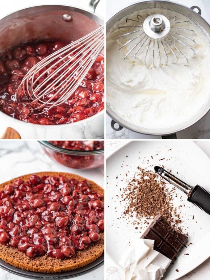 How to prepare the cherry and whipped cream filling and how to grate chocolate collage