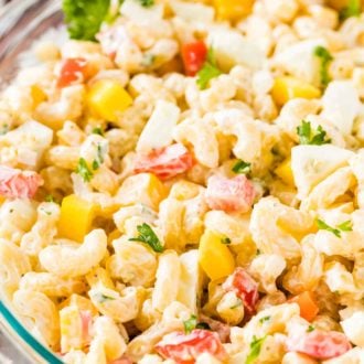 Macaroni Salad in a glass bowl