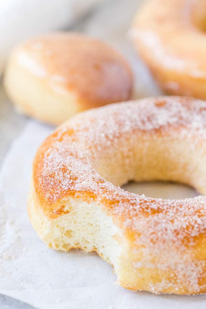 A close up of a sugared Air Fryer Donut