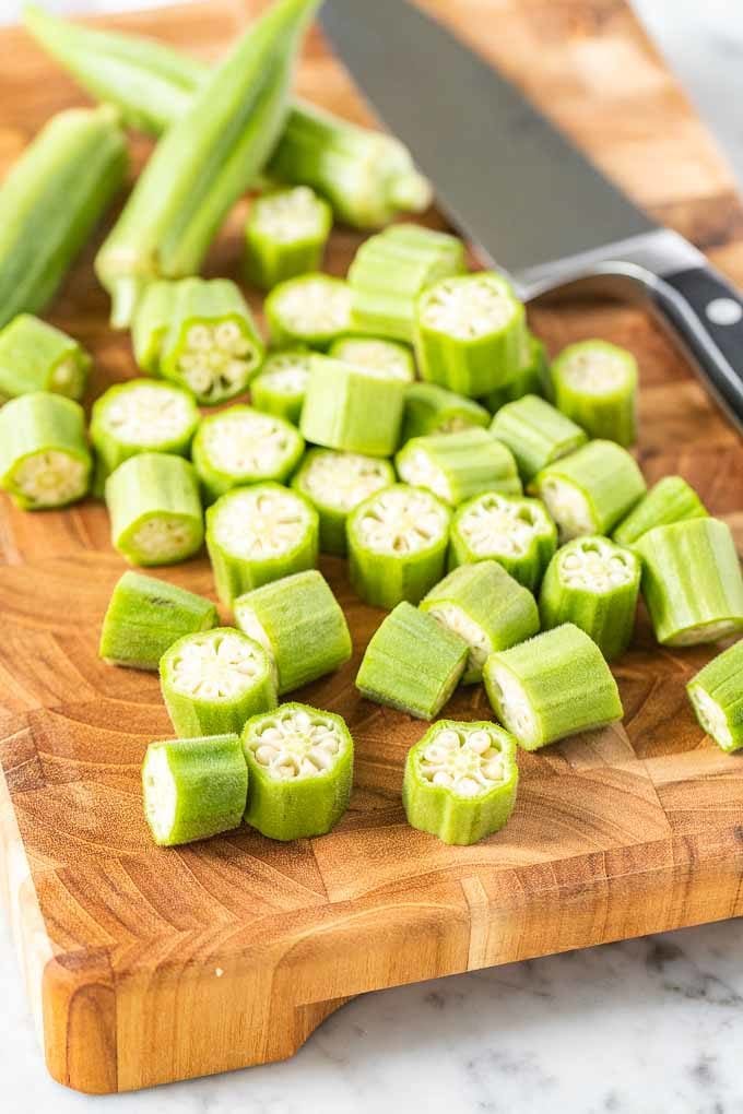 Air Fryer okra in a white bowl