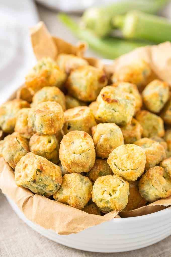 Air Fryer Okra in a white bowl