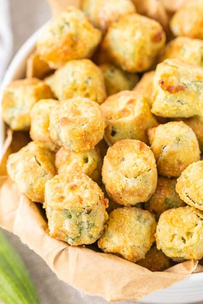 Close-up shot of Air Fryer Okra in a white bowl