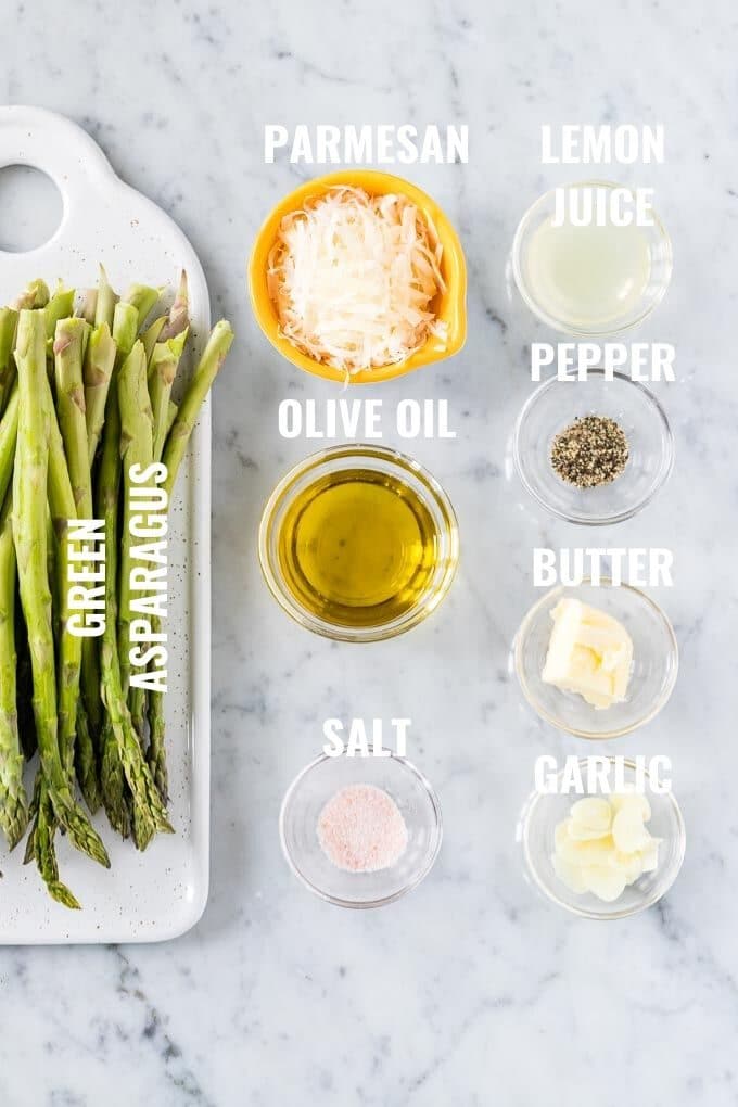 Ingredients for Roasted Asparagus: Green Asparagus, Parmigiano, Olive Oil, Salt, Lemon Juice, Pepper, Butter and Garlic