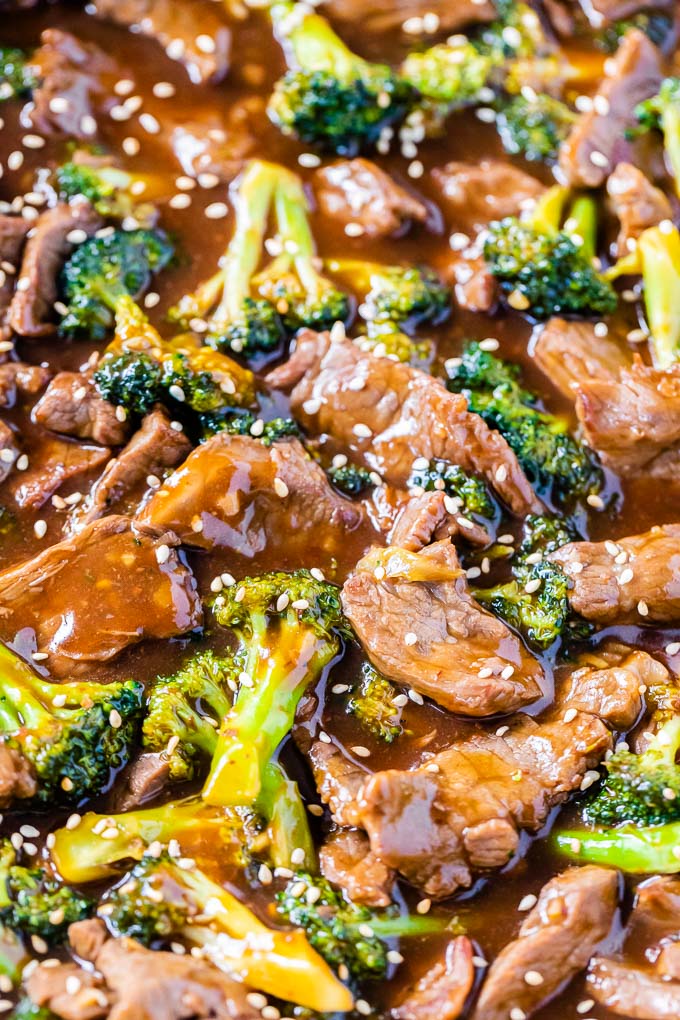 Close up of Beef and Broccoli sprinkled with sesame
