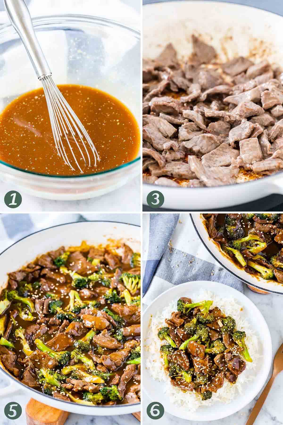 Collage of steps for beef and broccoli stir fry