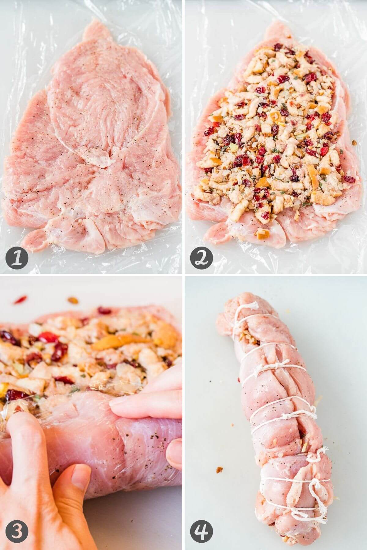 Step by step instructions for how to roll a stuffed turkey breast