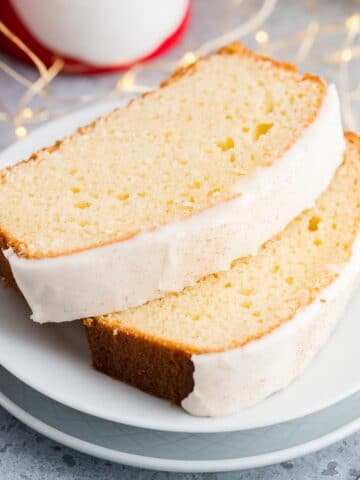 Two slices of eggnog bread on a plate