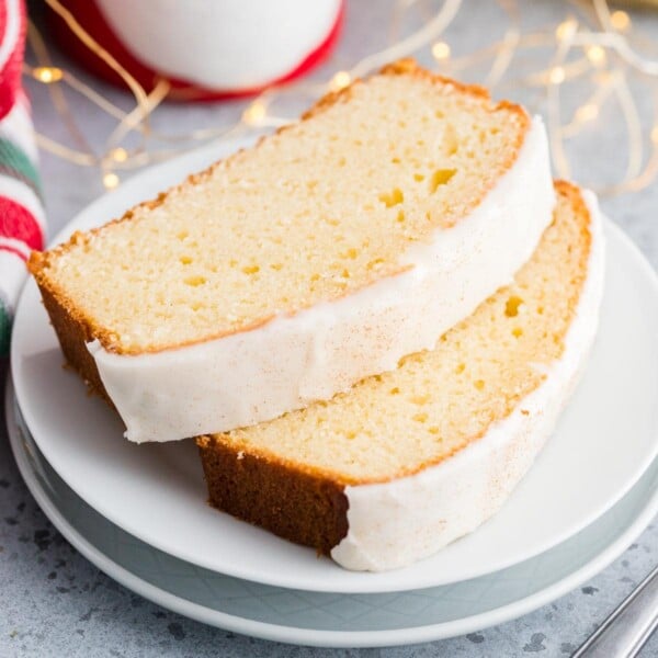 Two slices of eggnog bread on a plate