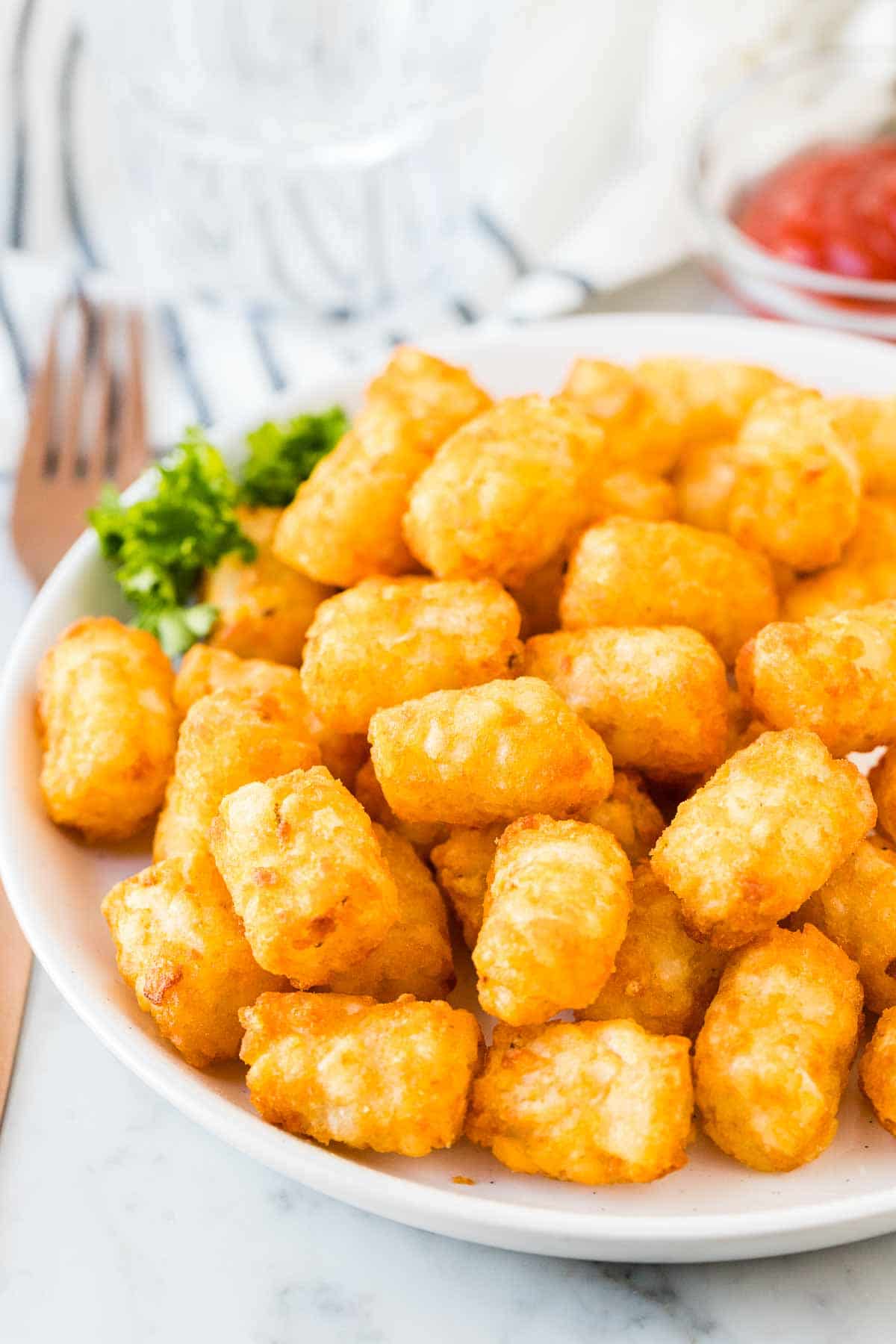 Air Fried Tater Tots on a white plate next to a small bowl of ketchup