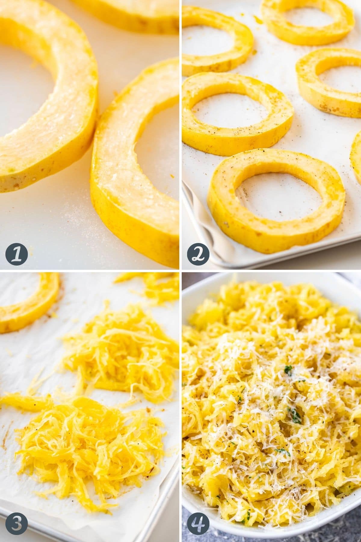 Step by step instructions for how to make roasted spaghetti squash
