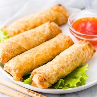 Egg Rolls on a white plate next to a bowl of sauce