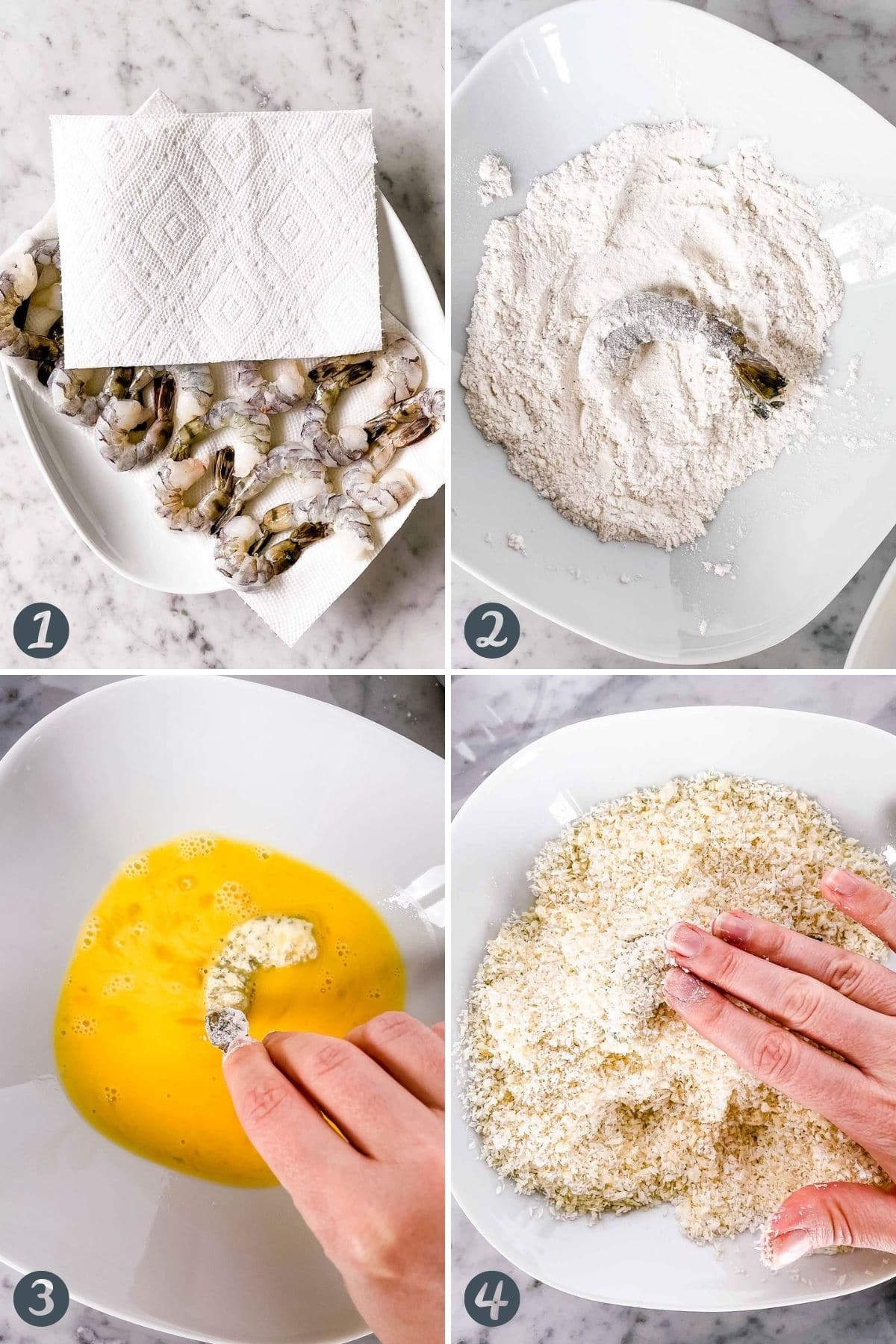 Step by step instructions for breading Air Fryer Coconut Shrimps.