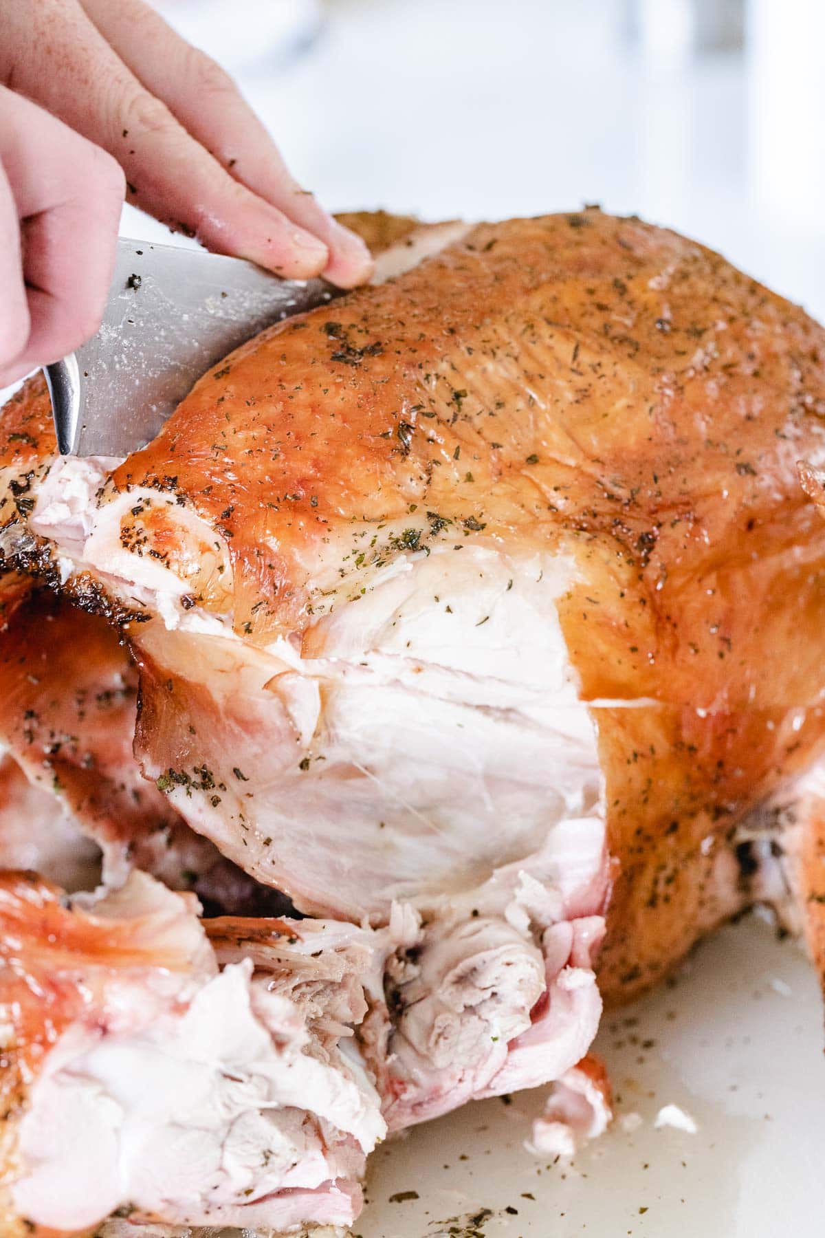A knife slicing into a cooked turkey that already has the legs removed.