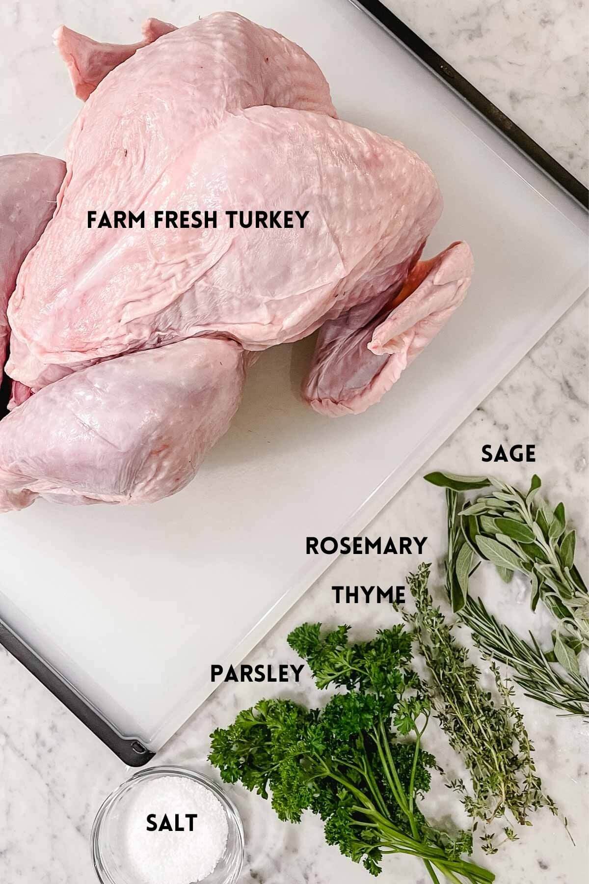 Ingredients needed for making a smoked turkey including a whole turkey, herbs, and salt