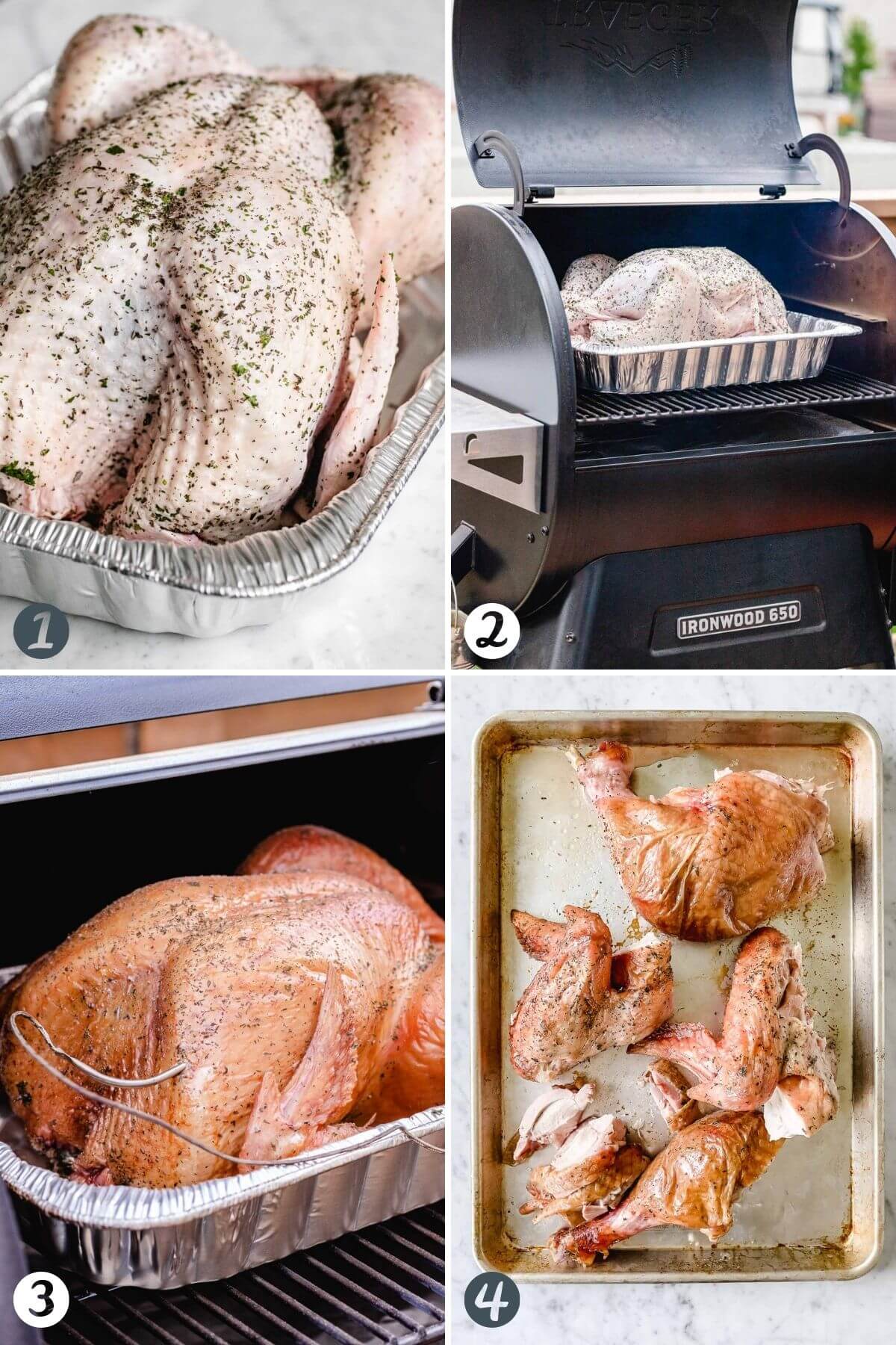 Step by step pictures for smoking a turkey on a smoker.