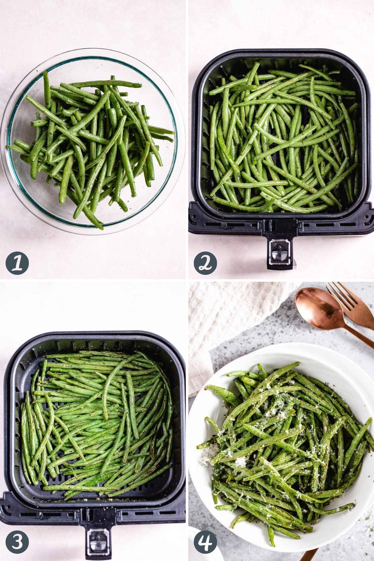 steps for making green beans, four images 