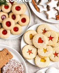 Image with text: German Christmas Cookies, image: A collection of German Christmas cookies on various plates garnished with pine branches and red berries. There are Cinnamon stars, garnished with cinnamon sticks, thumbprint cookies with strawberry jam, linzer cookies with strawberry jam and lemon curd, Gingerbread and spekulatius cookies and Pfeffernuesse.