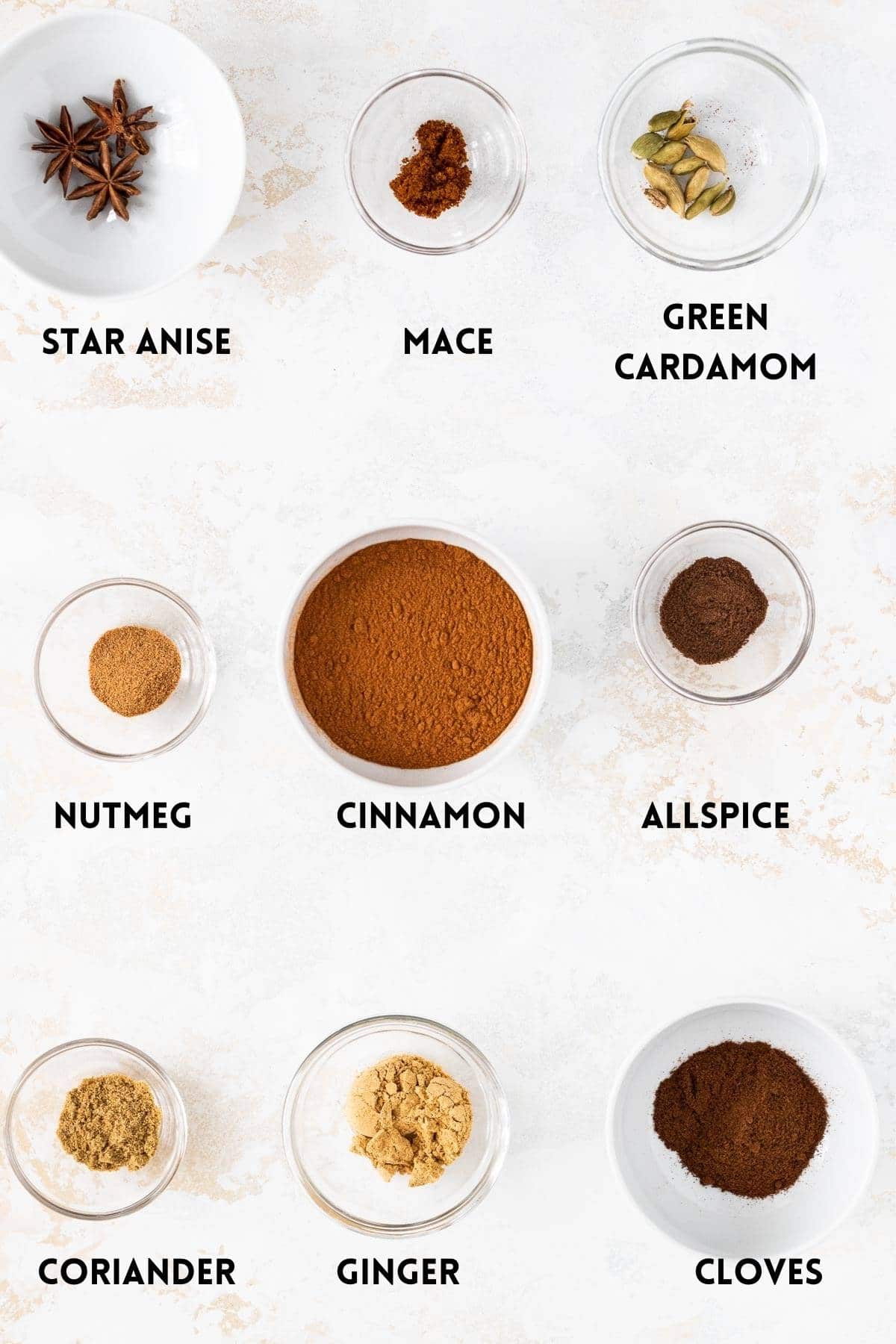 Ingredients needed for gingerbread spice mix in small white and glass bowls