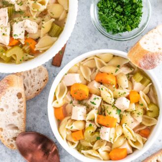 multiple servings of soup in white bowls on a grey background next to slices of bread, spoons, and a bowl of parsley
