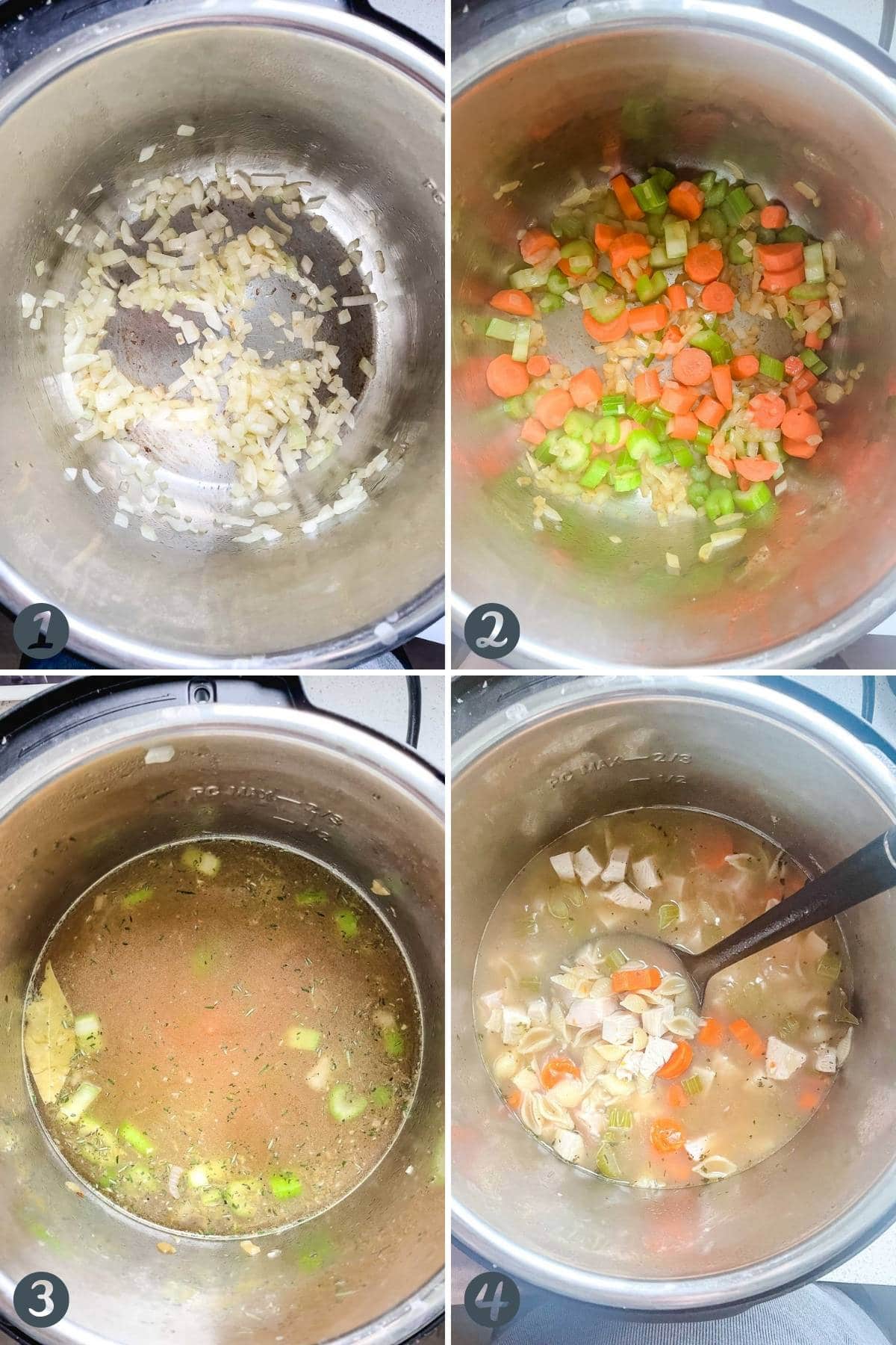 collage of four images showing the steps for making turkey soup