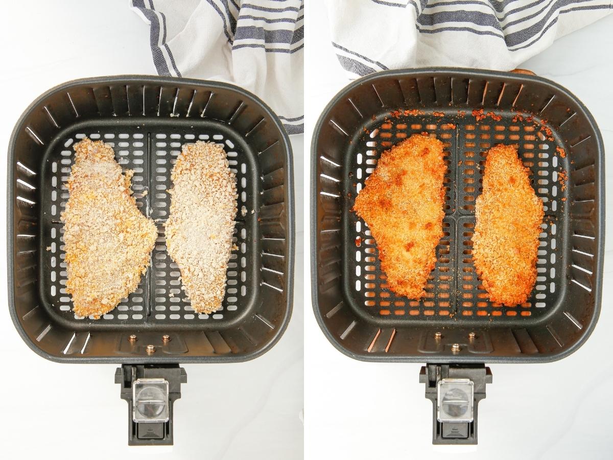 Collage of top down shots. Left: uncooked breaded fish filets in an air fryer basket, right: fried and golden brown breaded fish fillets.