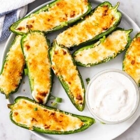 Jalapeno Poppers arranged on a white plate with a small bowl filled with a dip next to it