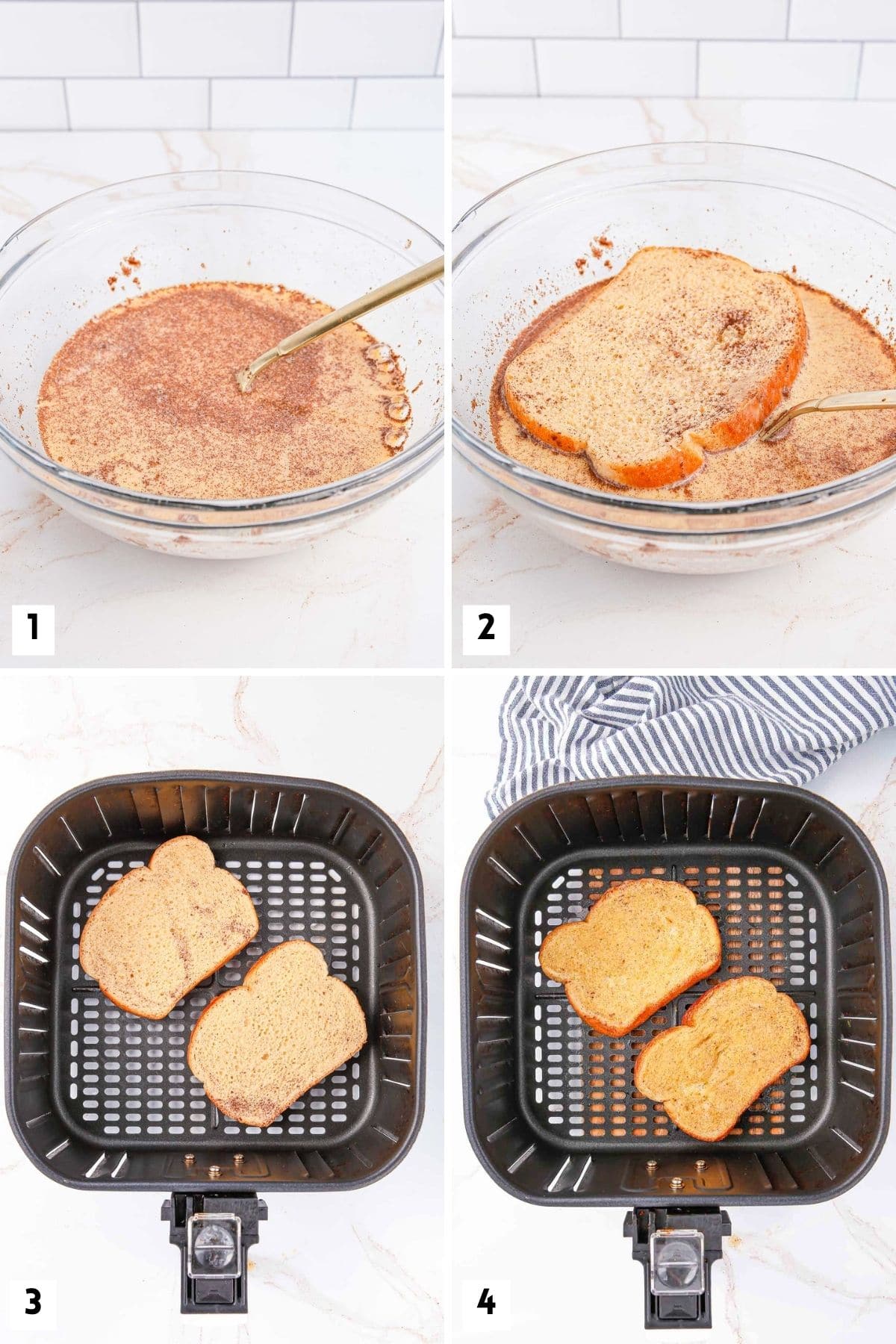 Steps for making french toast in the air fryer.