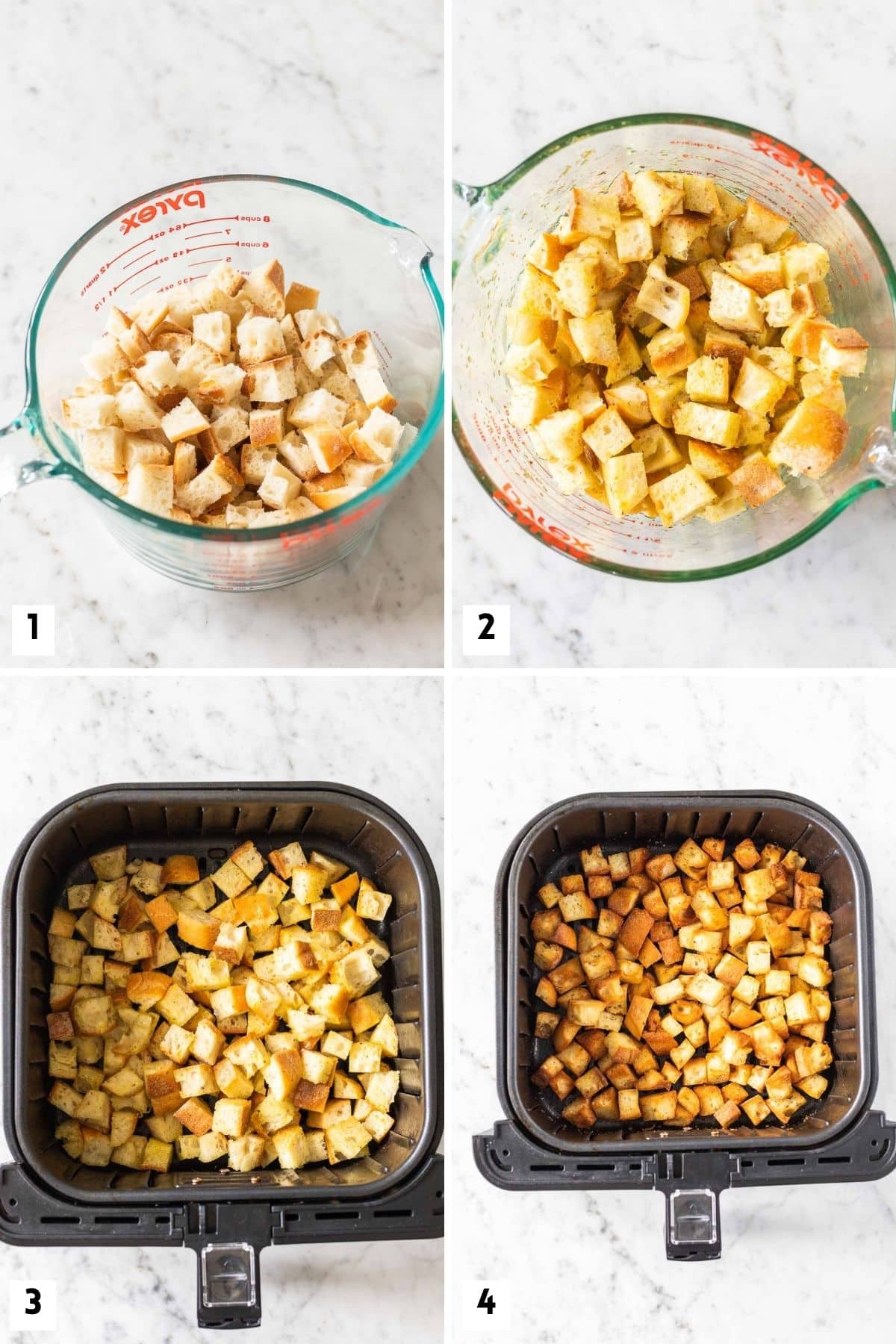 Steps for making croutons in the Air Fryer.