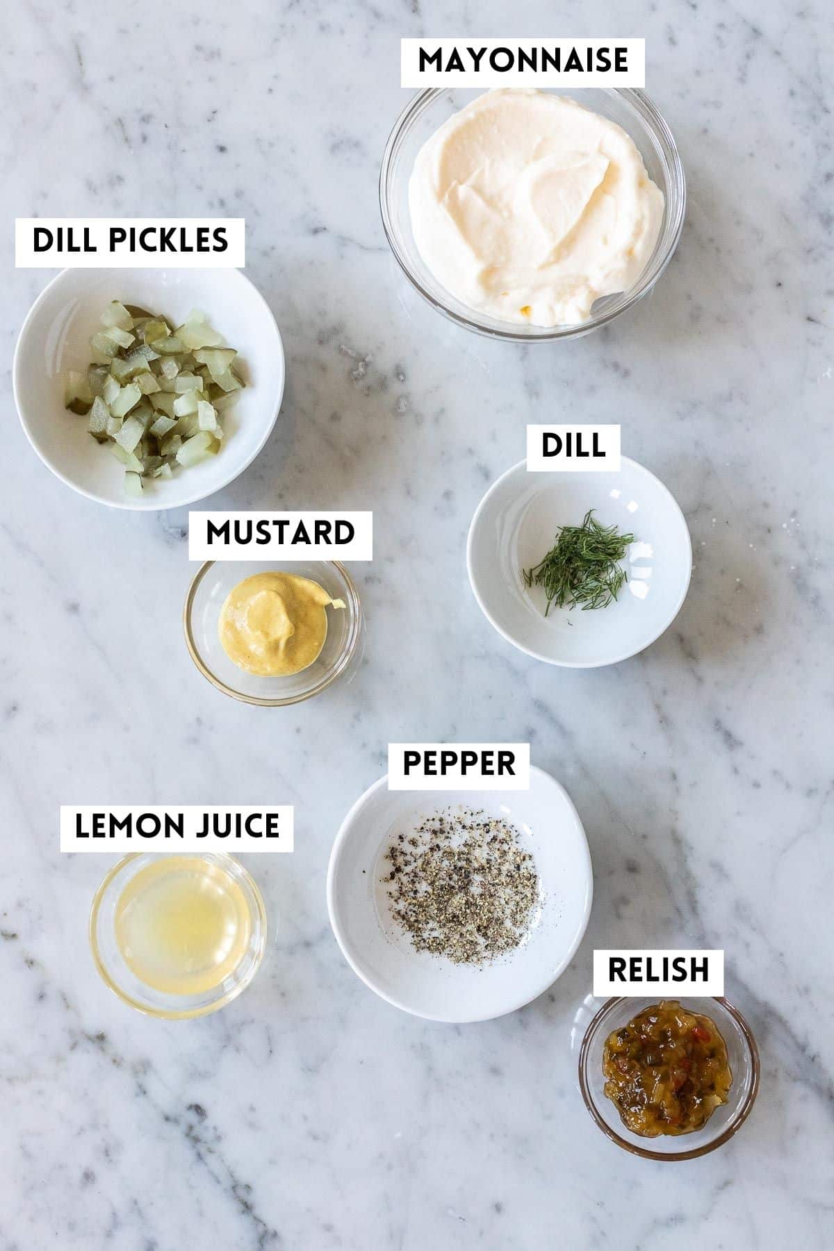 Ingredients needed for homemade tartar sauce.