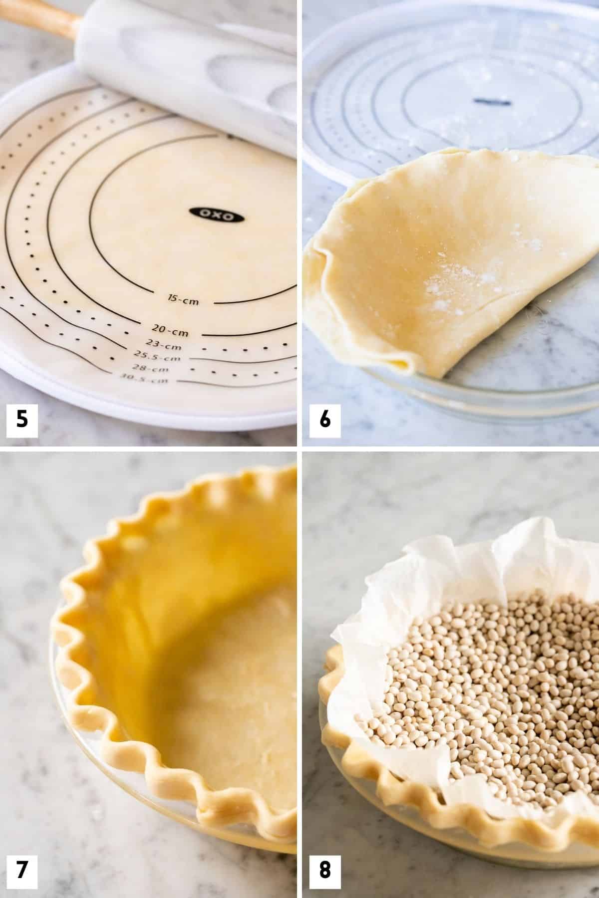 Steps for rolling out and shaping a pie crust.