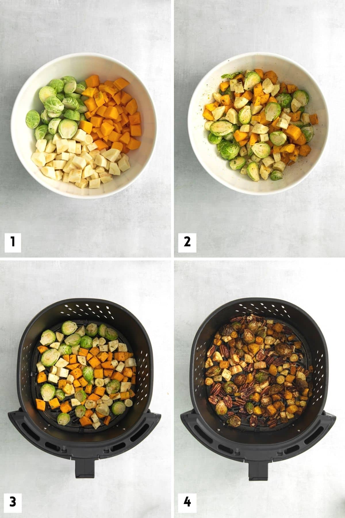 Steps for making roasted vegetables in the Air Fryer.