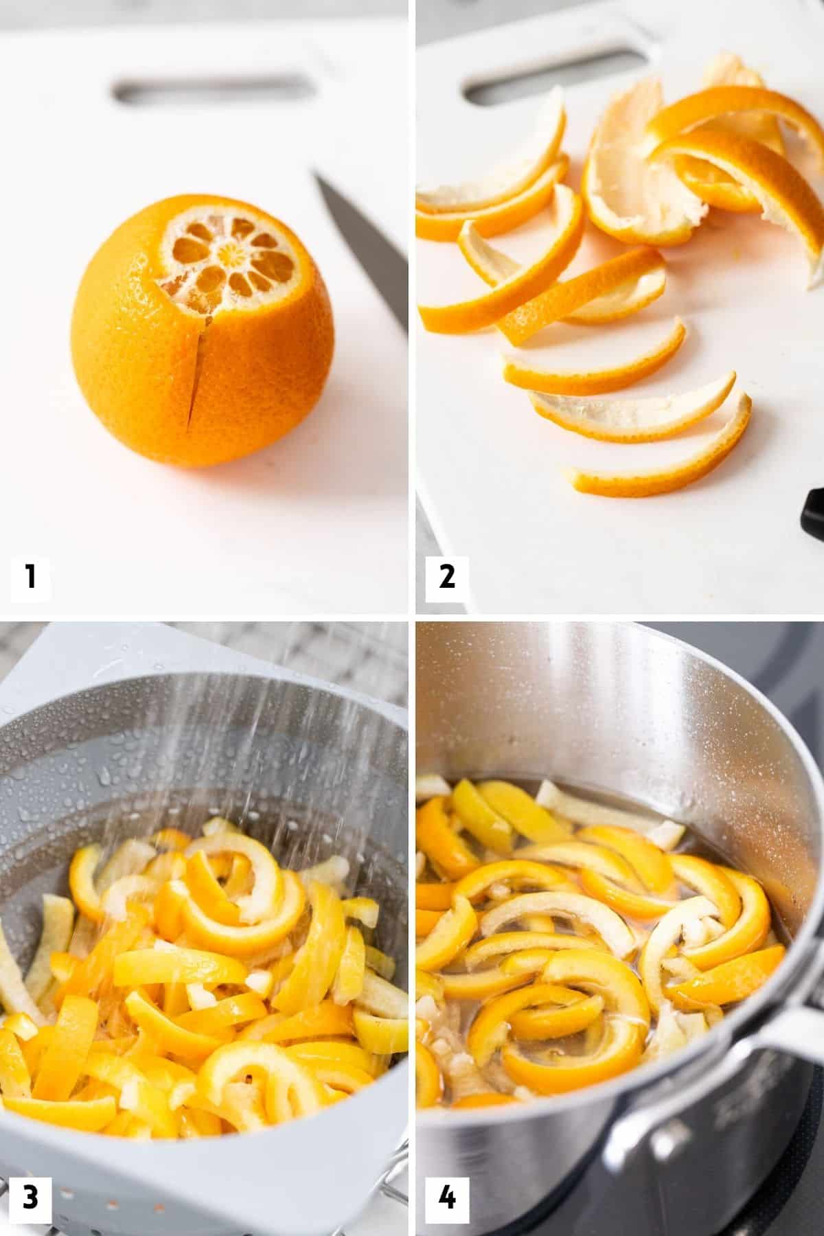 Steps for preparing and boiling candied peel.