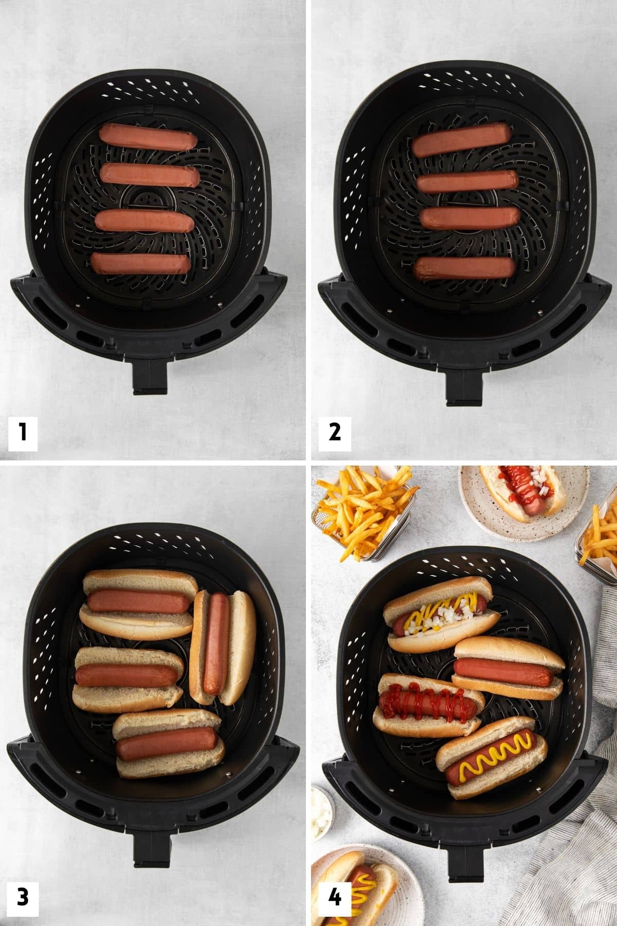 Steps for making hot dogs and buns in the air fryer.