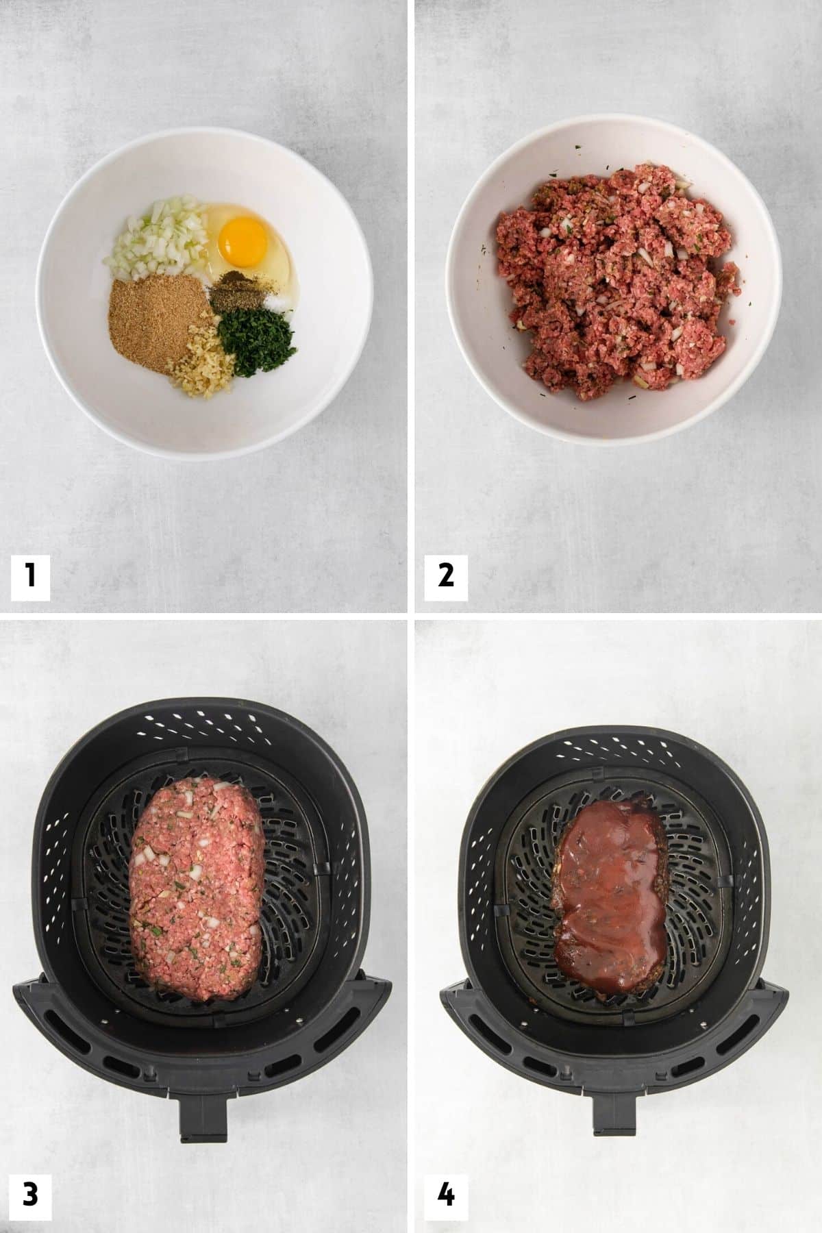 Steps for making meatloaf in the Air Fryer.