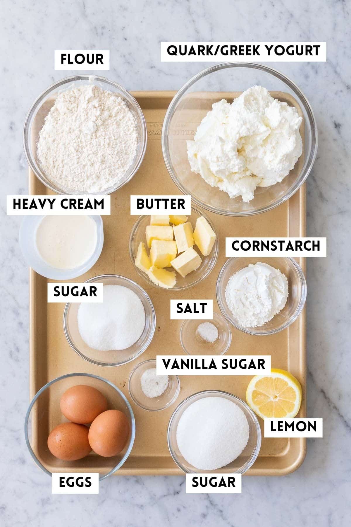 Ingredients needed for an authentic German Cheesecake.