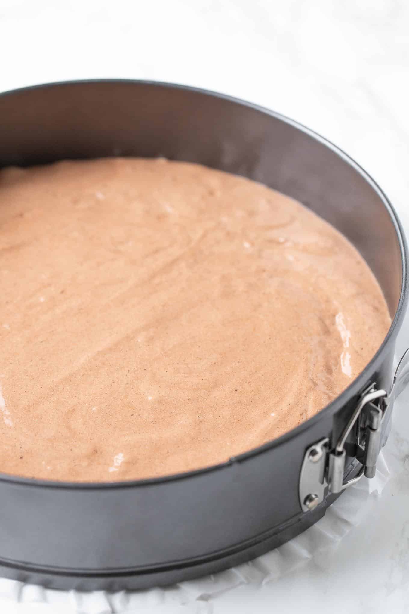 Cake batter in a springform pan.